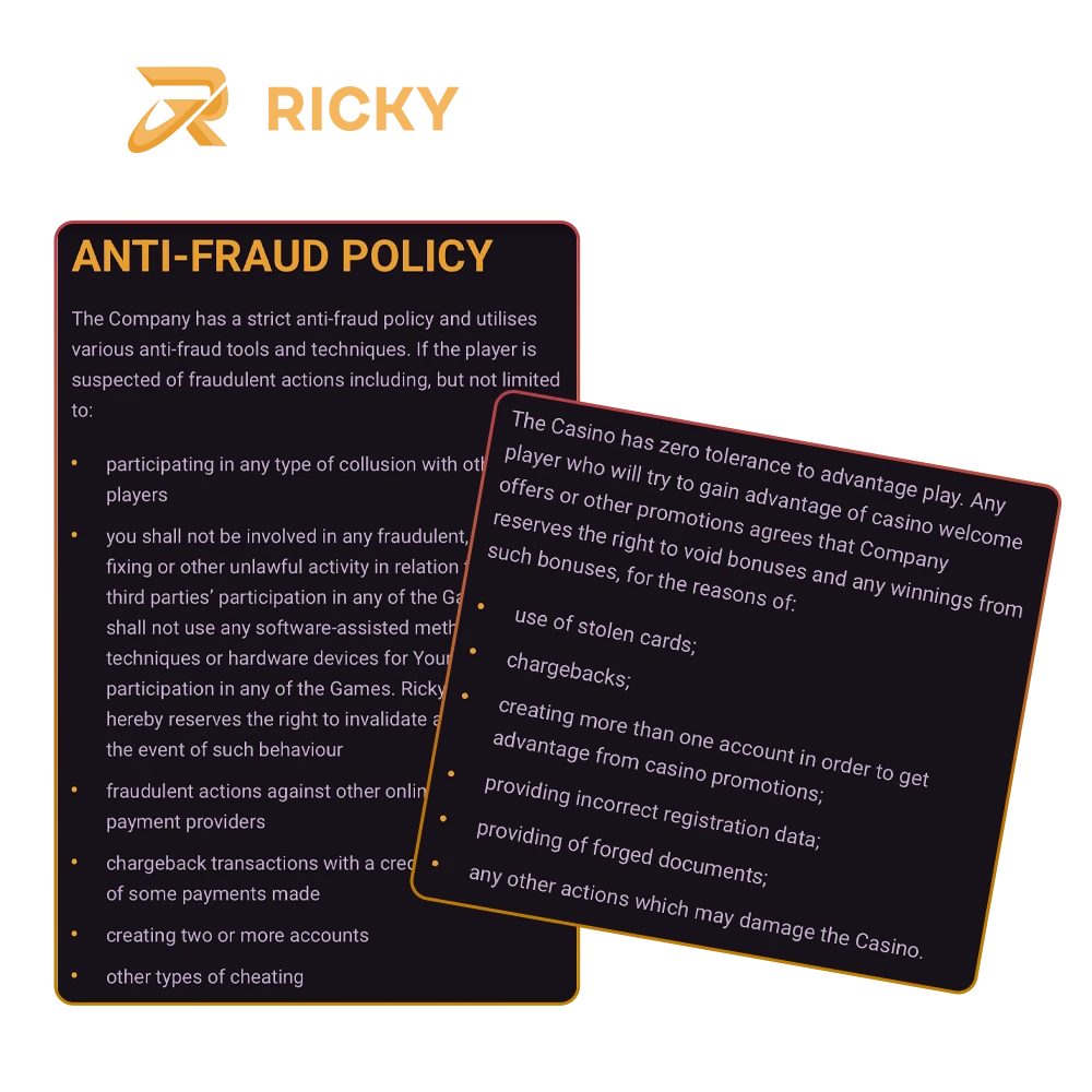 Be careful not to try to launder funds through the Ricky Casino website.