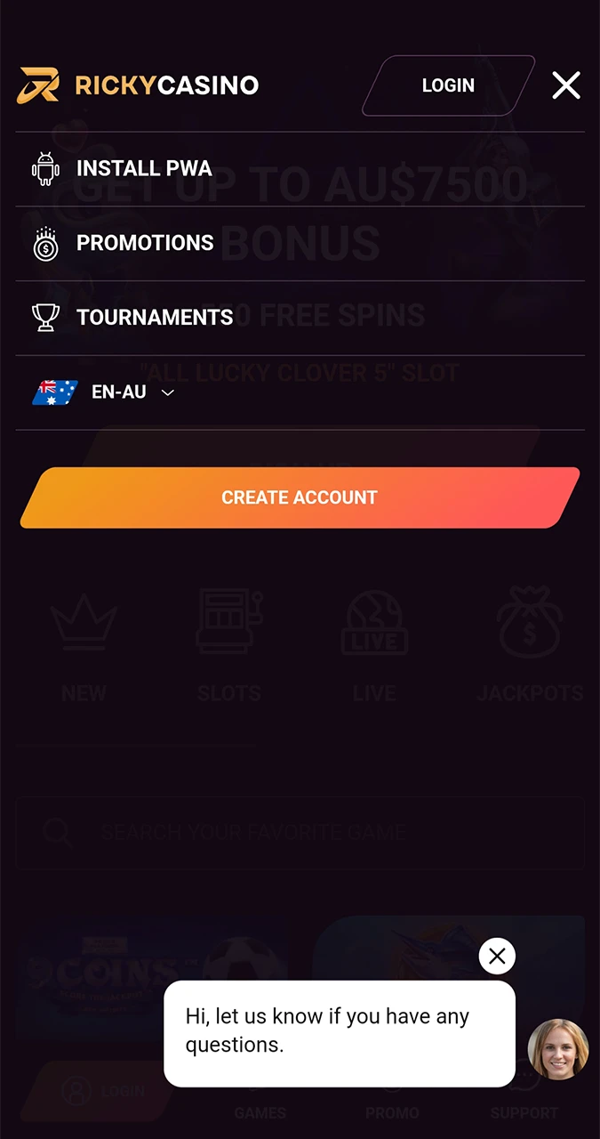 Use the menu on the Ricky Casino website to start downloading the app.