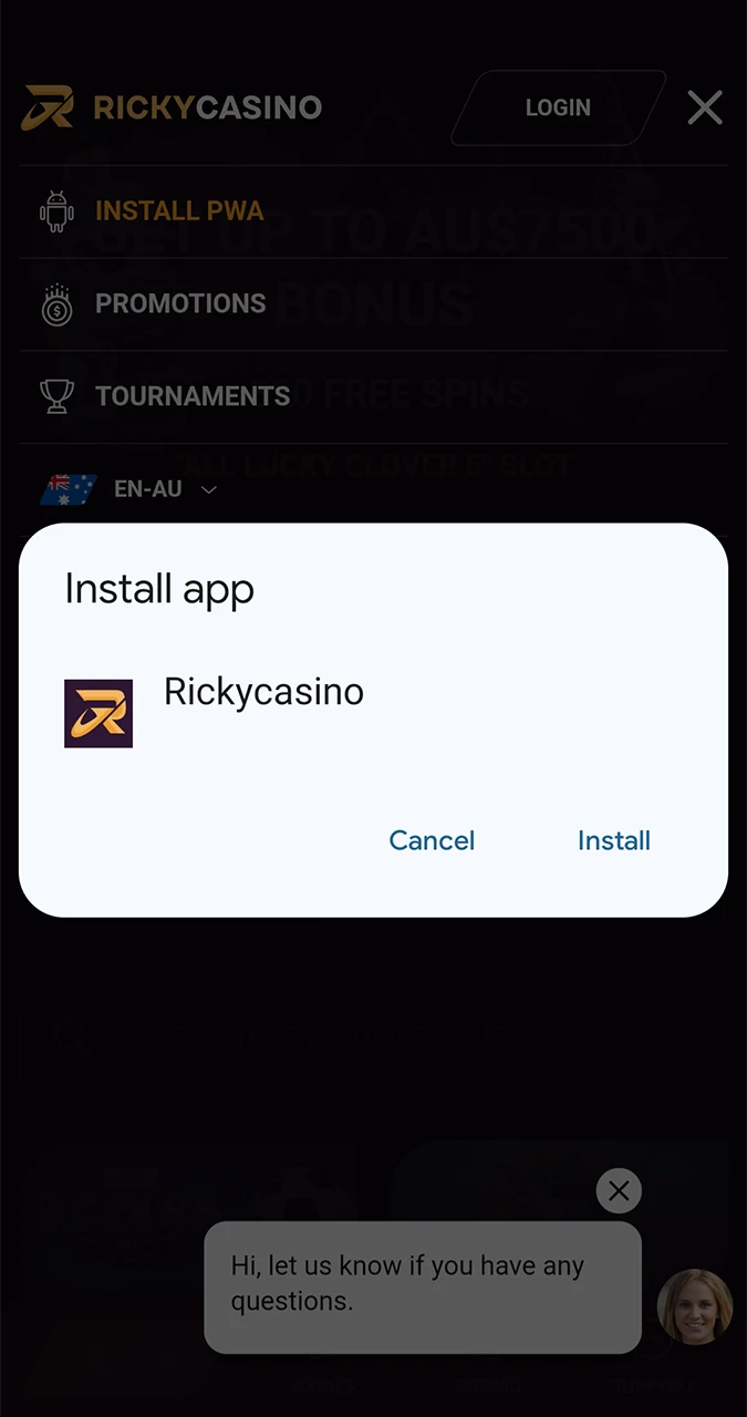Set up your device and start the installation of the Ricky Casino app.