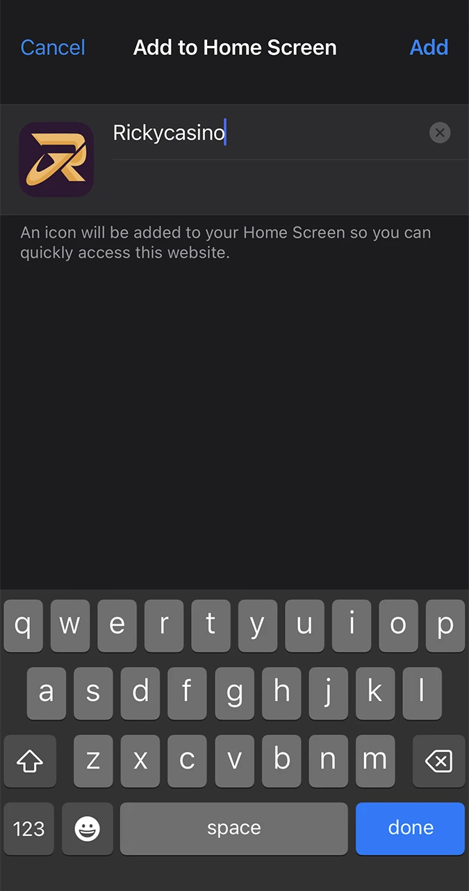Pick a name for the Ricky Casino app and add it to the desktop of your iOS device.