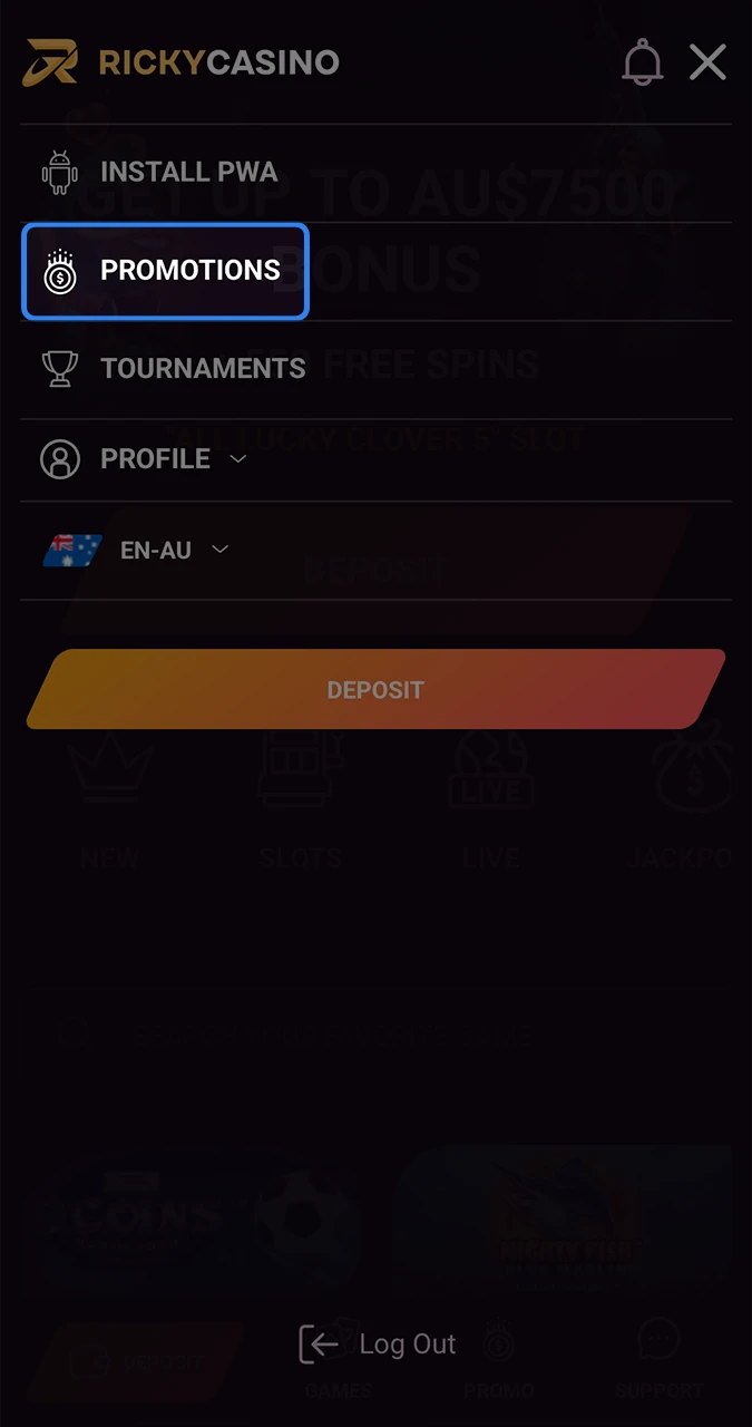 Launch the Ricky Casino promotions tab.