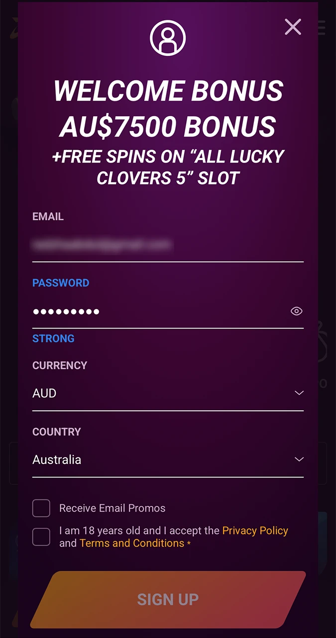 Select a currency from the list and fill in the remaining fields in the Ricky Casino sign-up form.