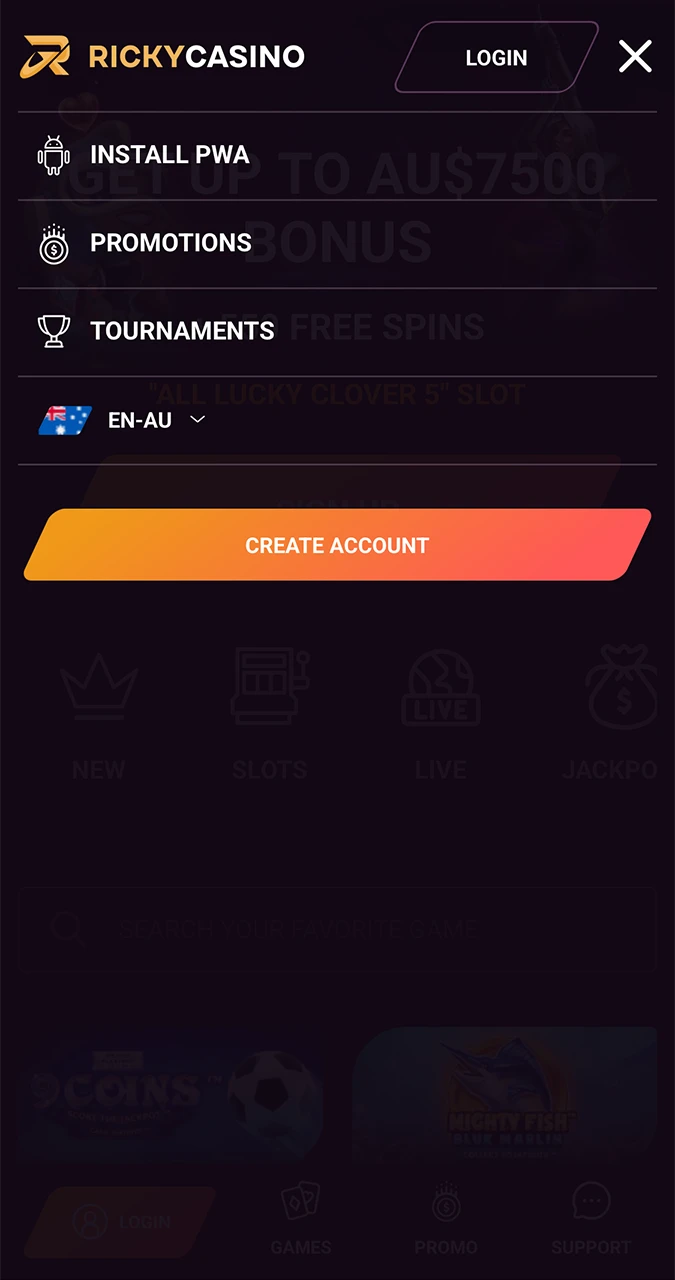 Run a quick registration from Ricky Casino.