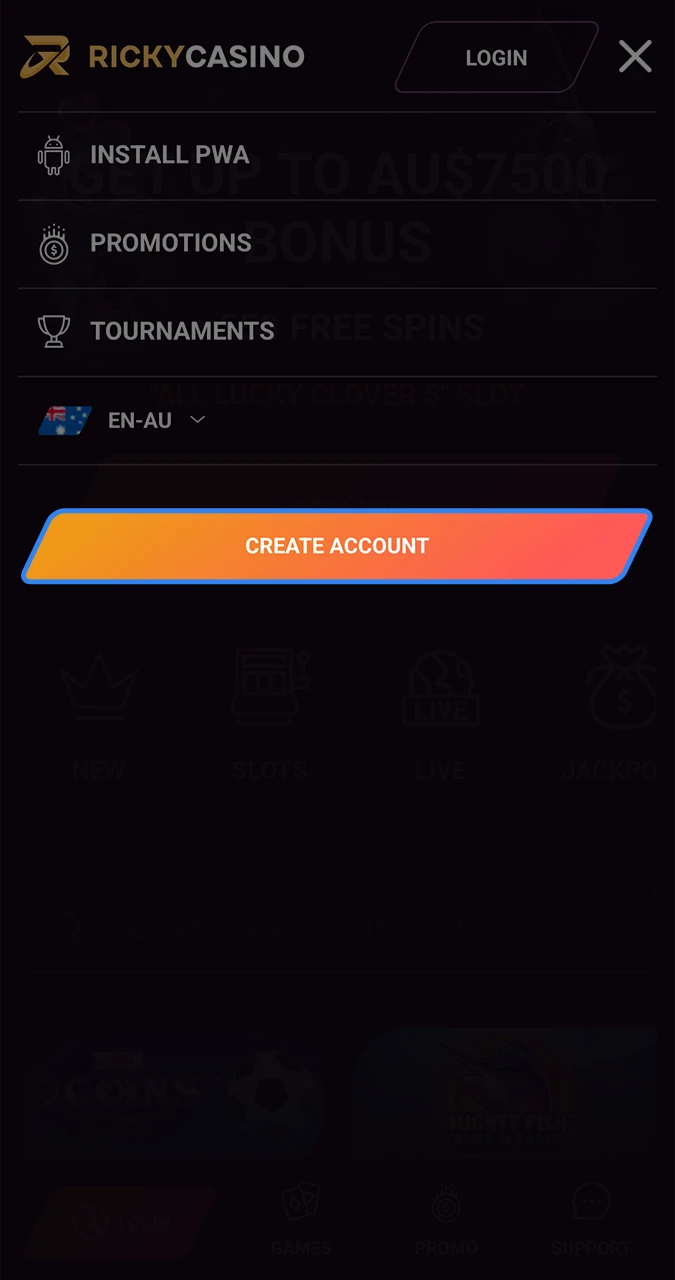 Select the button to open the Ricky Casino registration form.