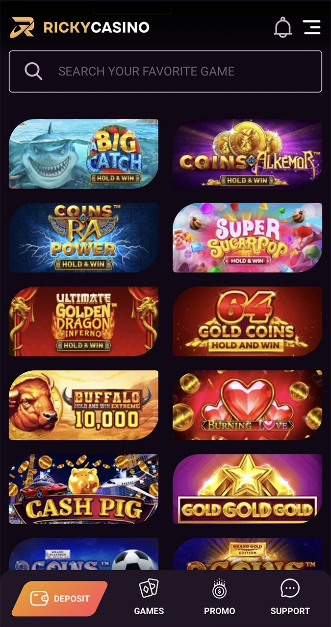 Select the slots section to see all the available games at Ricky Casino.
