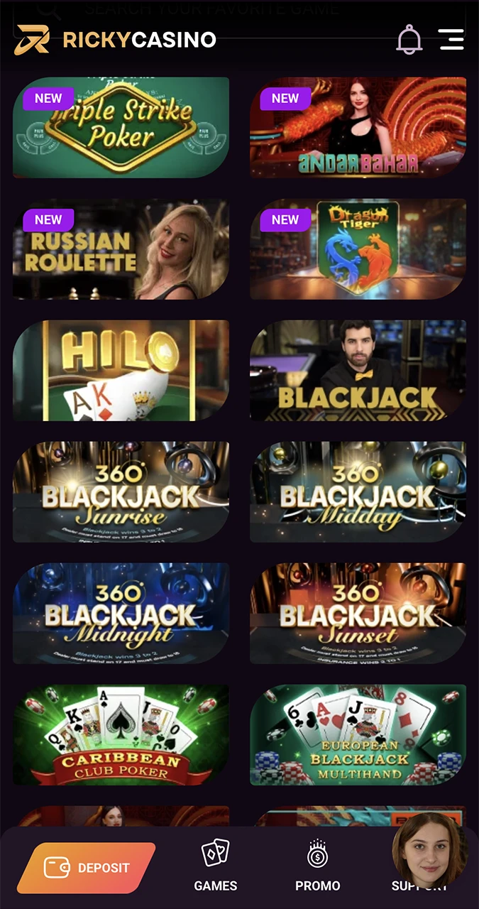 Open the table games tab at Ricky Casino.