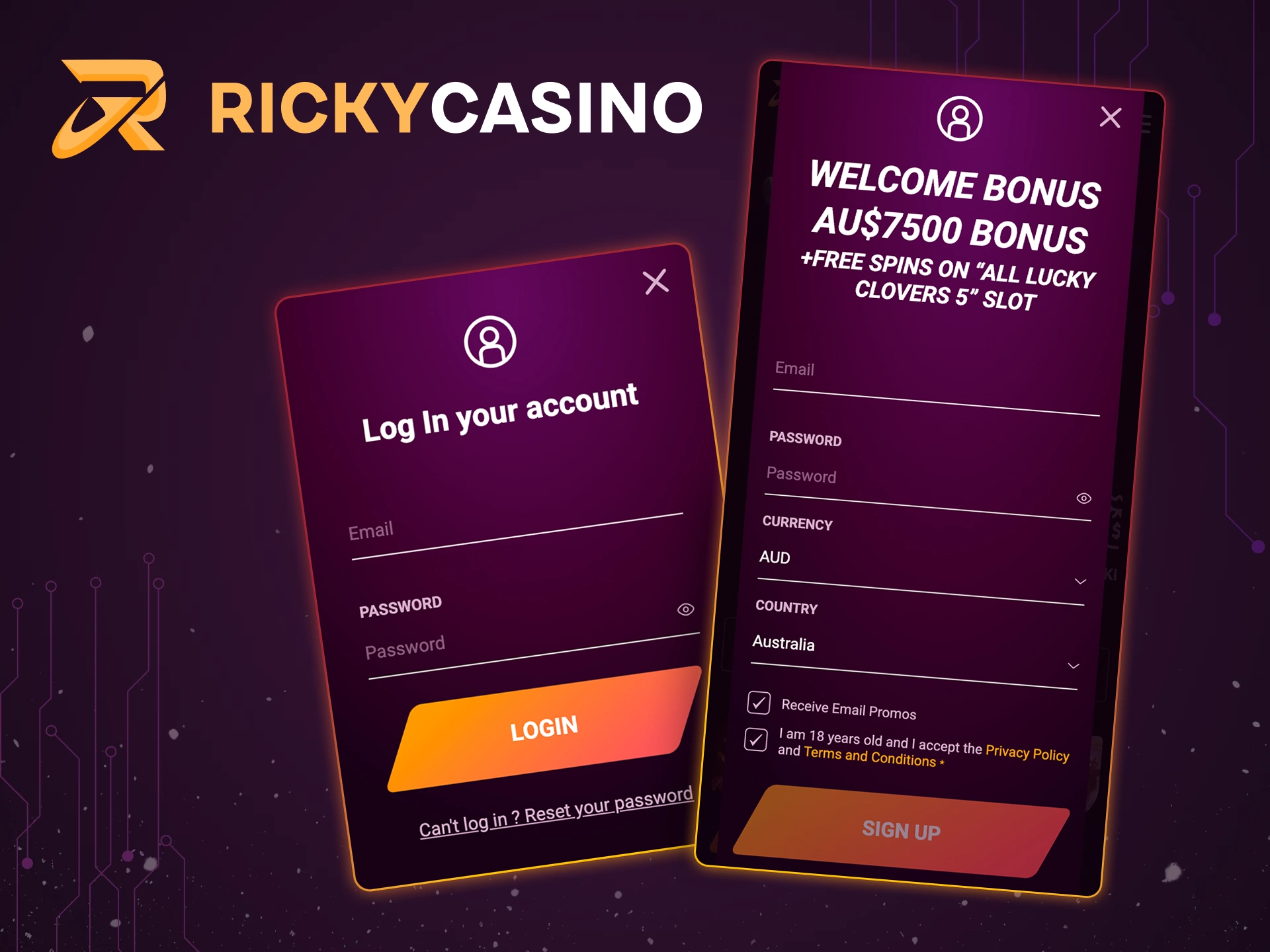 Learn and create a personalized account to play at Ricky Casino.