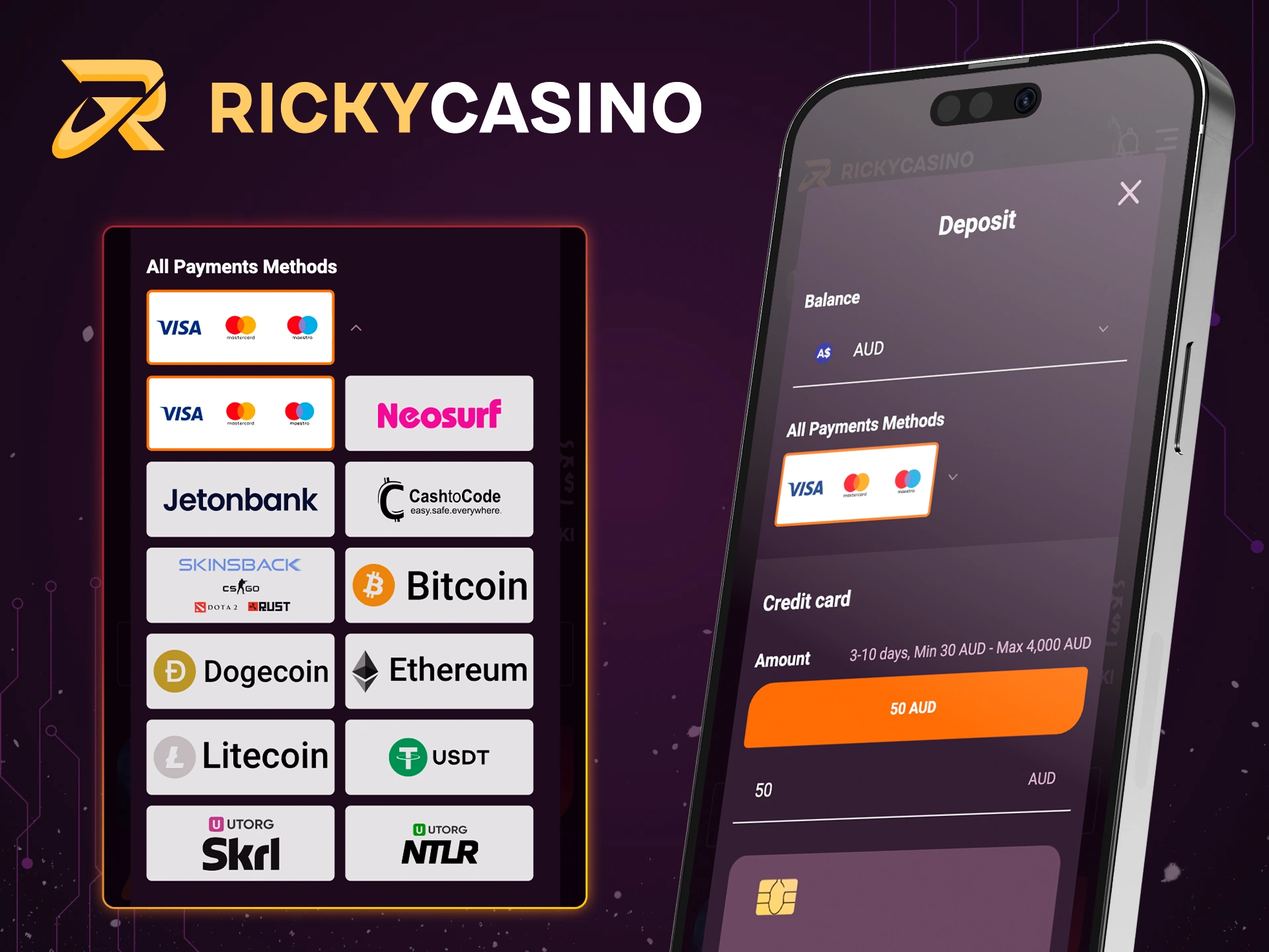 Use convenient instant methods at Ricky Casino.