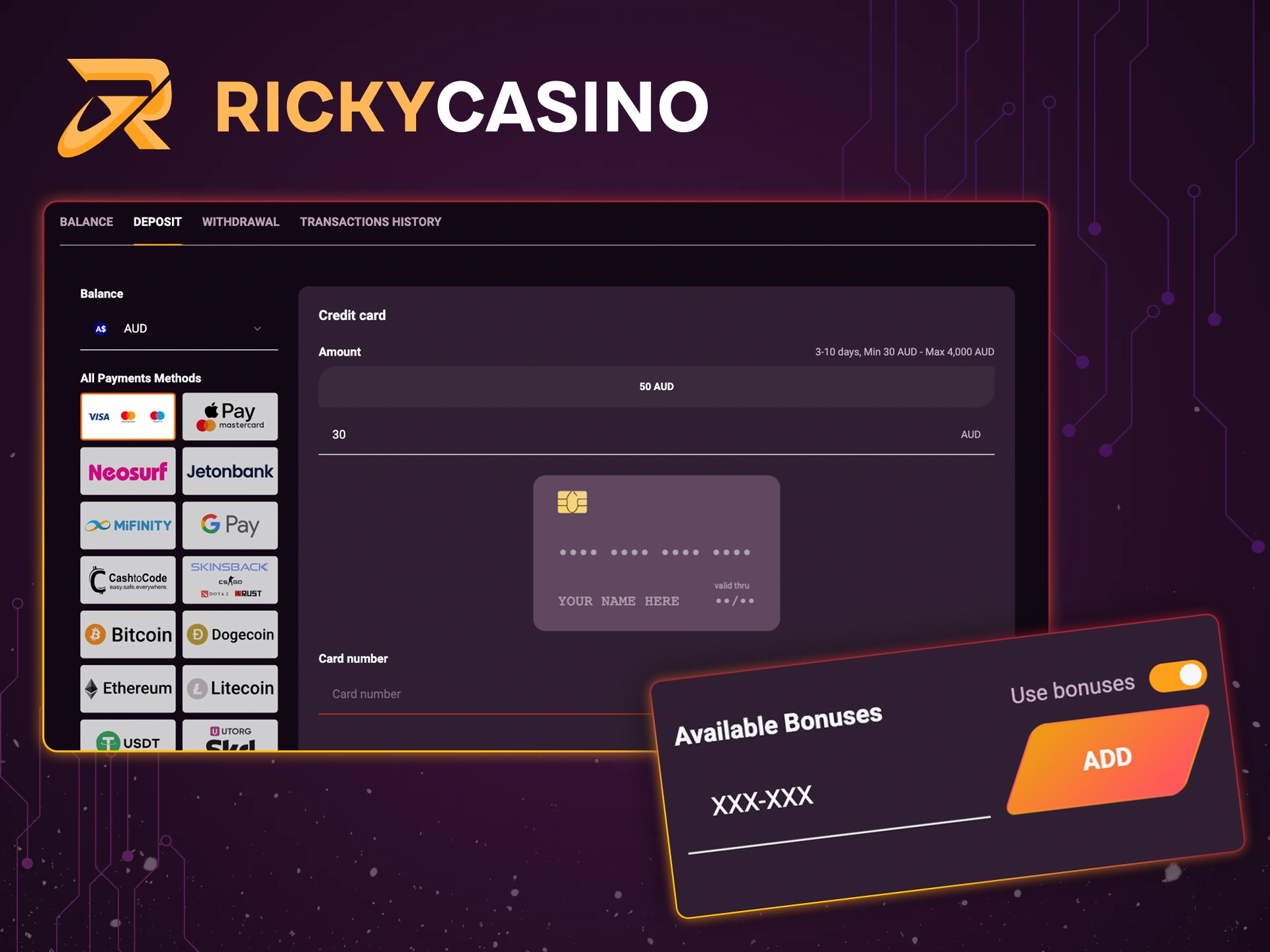 Get and use bonus codes for Ricky Casino.