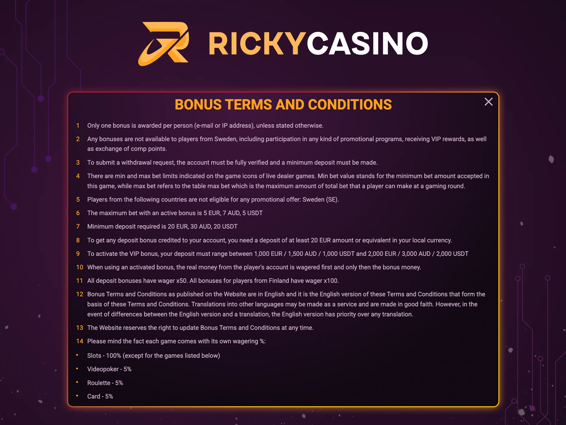 Read the terms and conditions of bonuses at Ricky Casino.