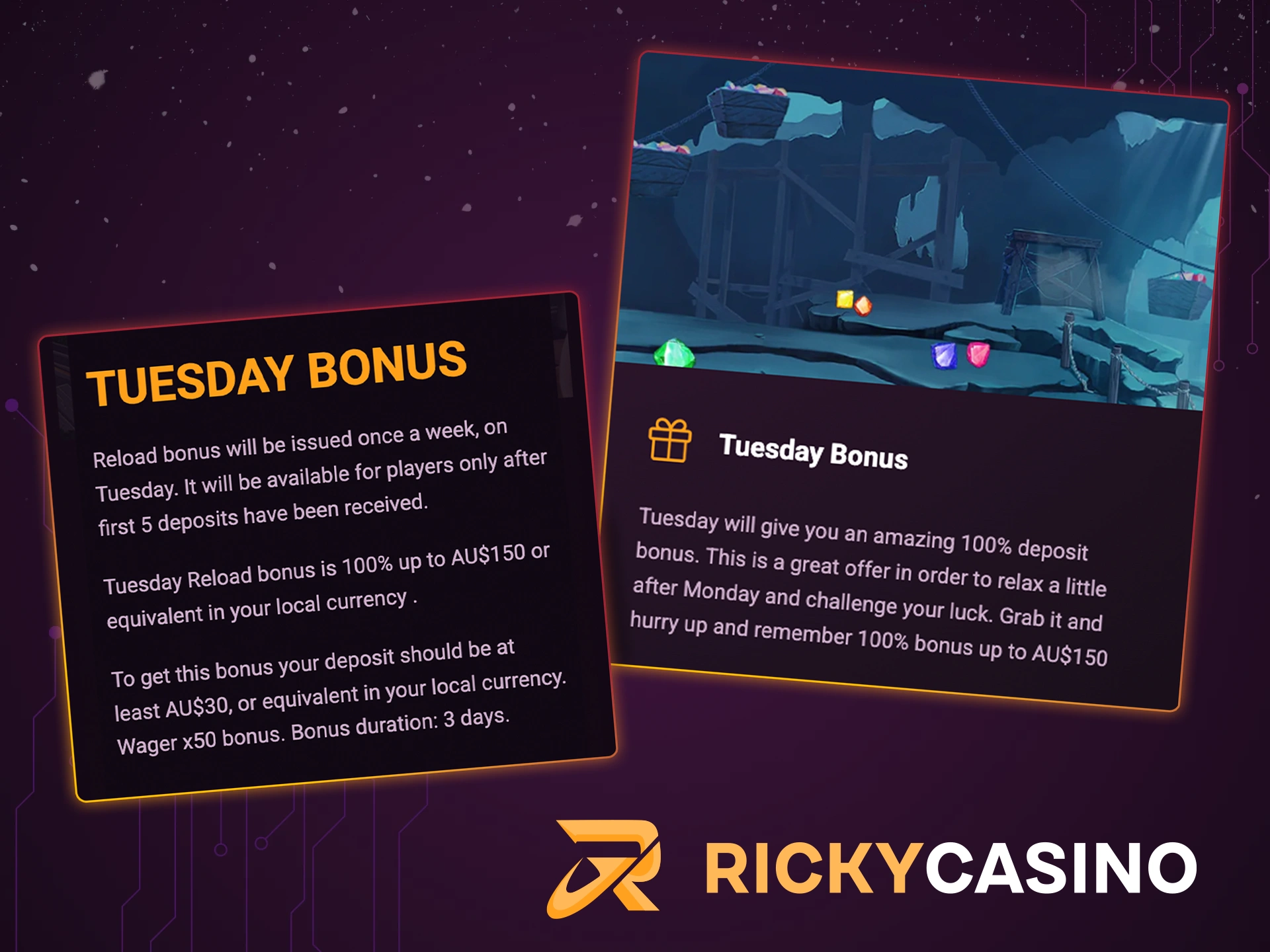 Don't miss Tuesday to claim your bonus at Ricky Casino.