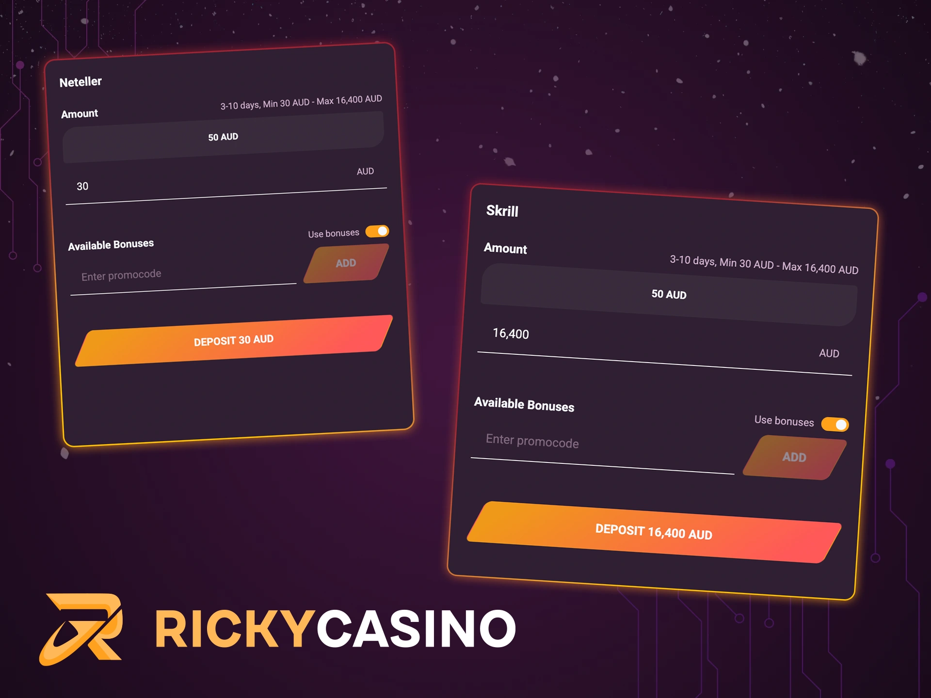 Fund your account with large deposits of available methods at Ricky Casino.