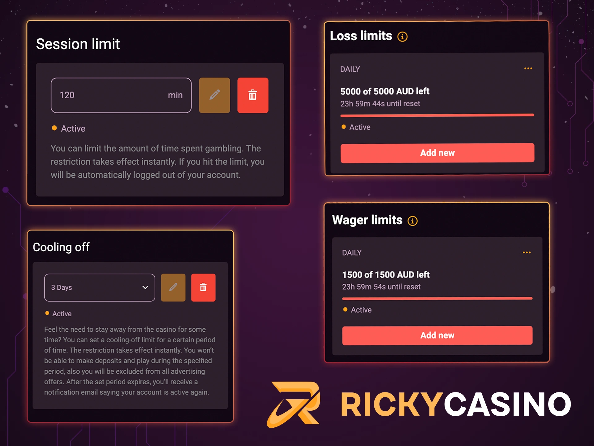 Customize tools to limit actions at Ricky Casino.
