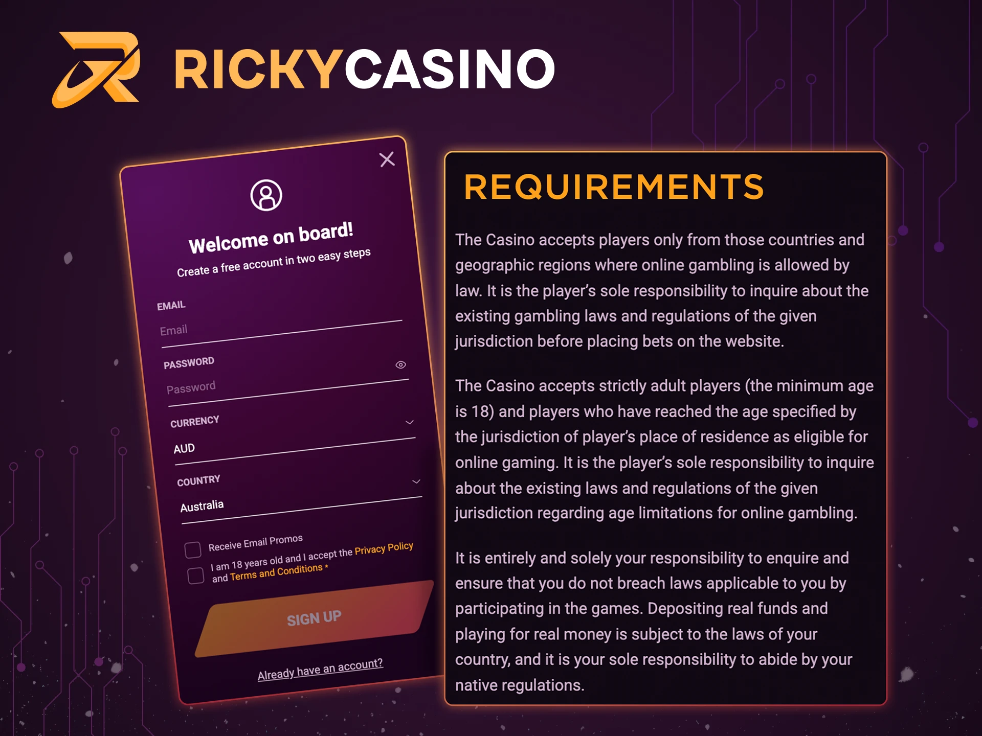 Before registration at Ricky Casino you need to know this requirements.