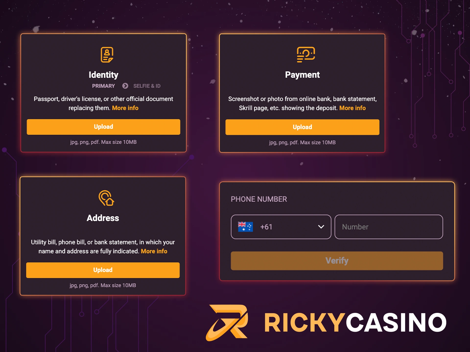 Follow this steps to pass verification at the Ricky Casino.