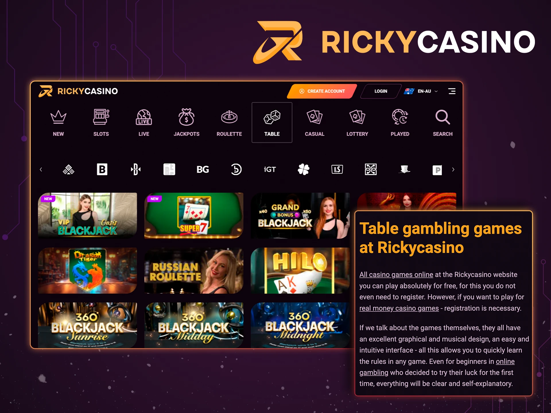 Take advantage of table games at Ricky Casino.