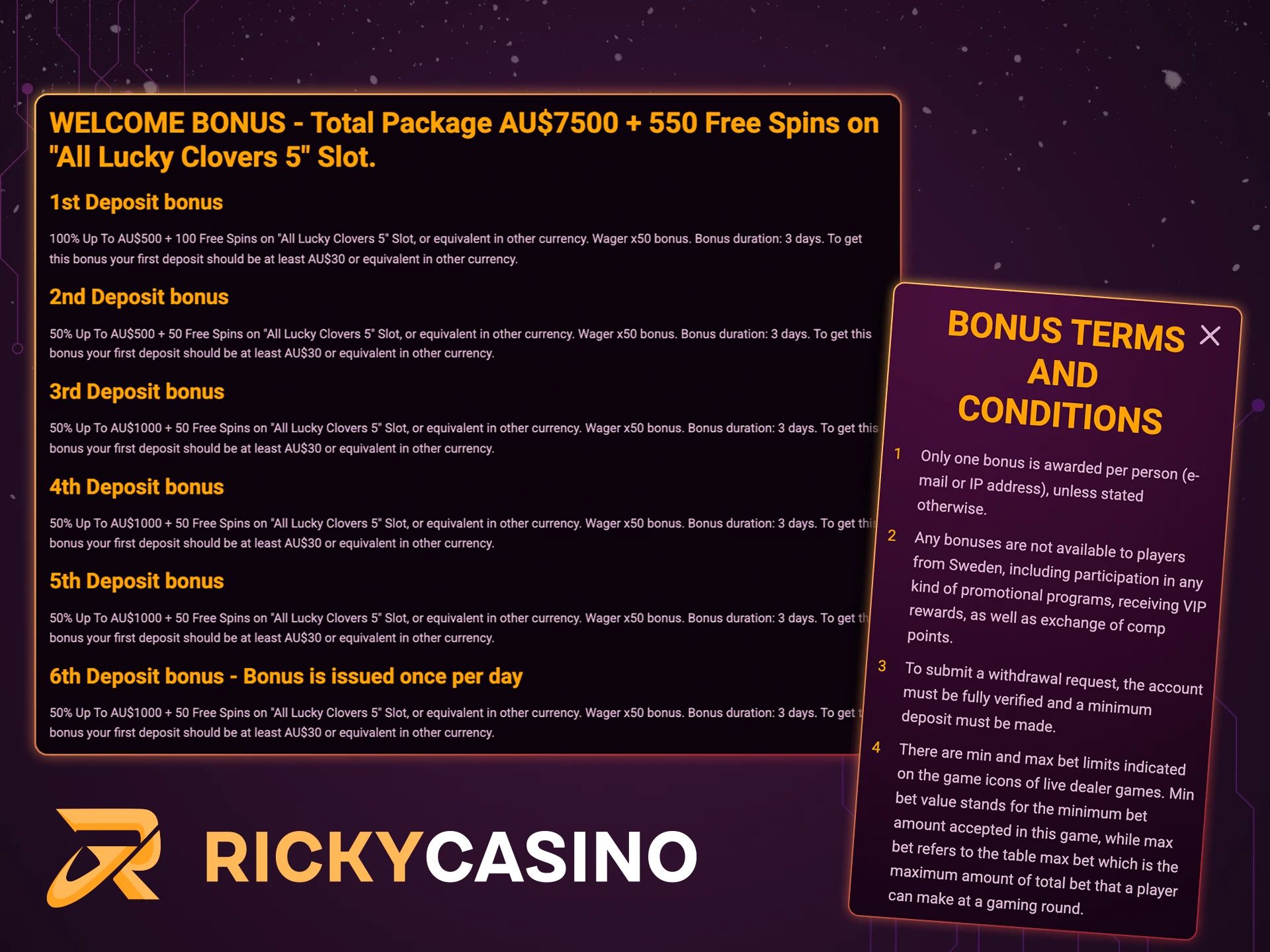 Read the terms and conditions of the welcome bonus at Ricky Casino.