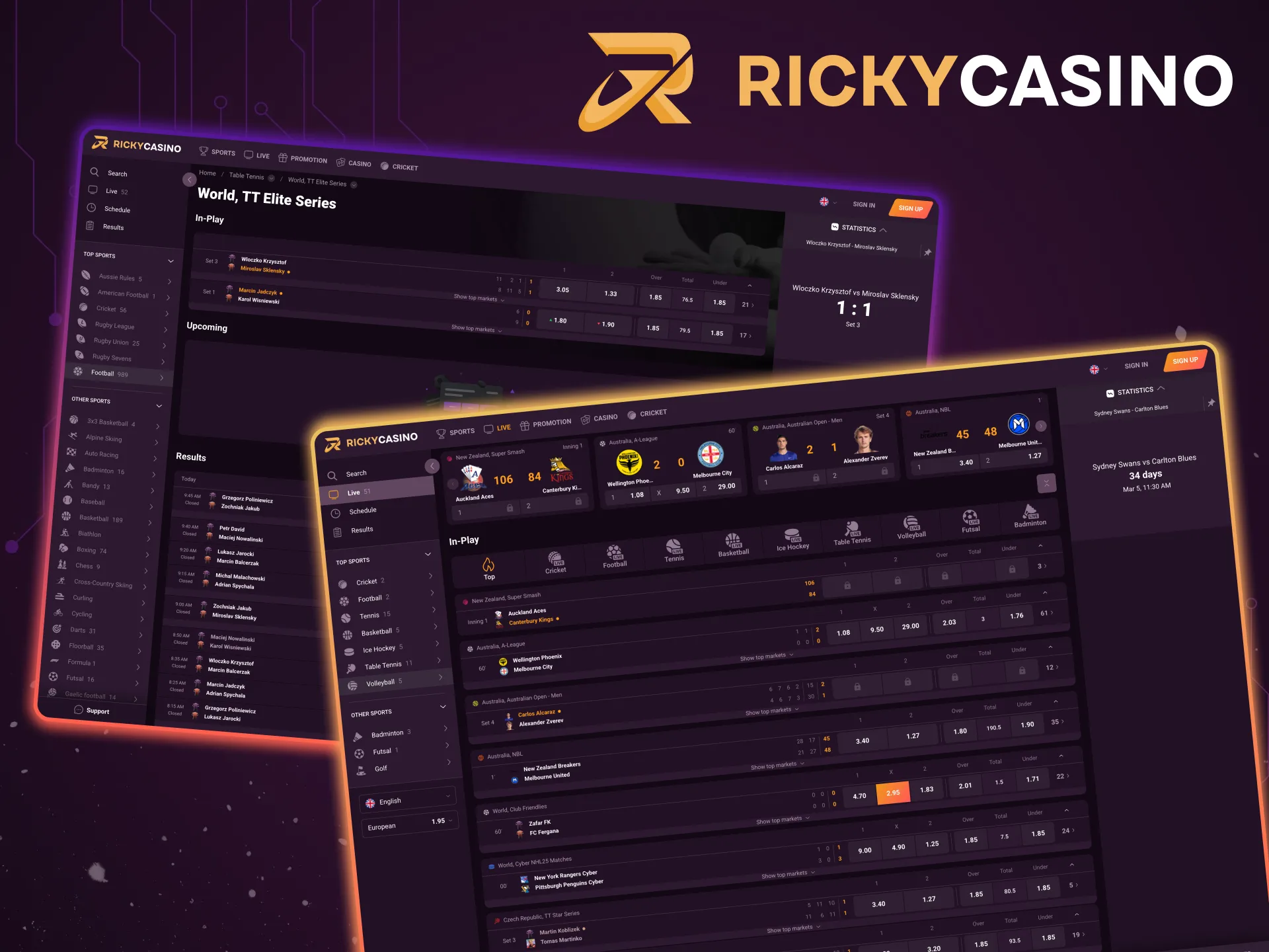 Live betting at Ricky Casino features streaming cash‑out and fast‑updating odds.