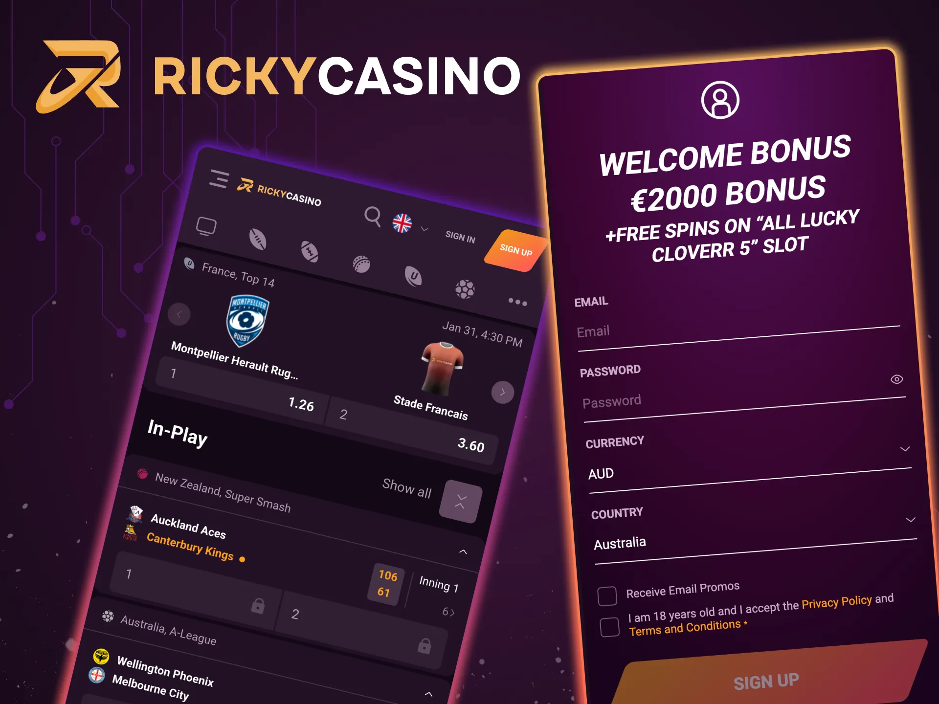 Register at Ricky Casino and place your first bet in minutes.