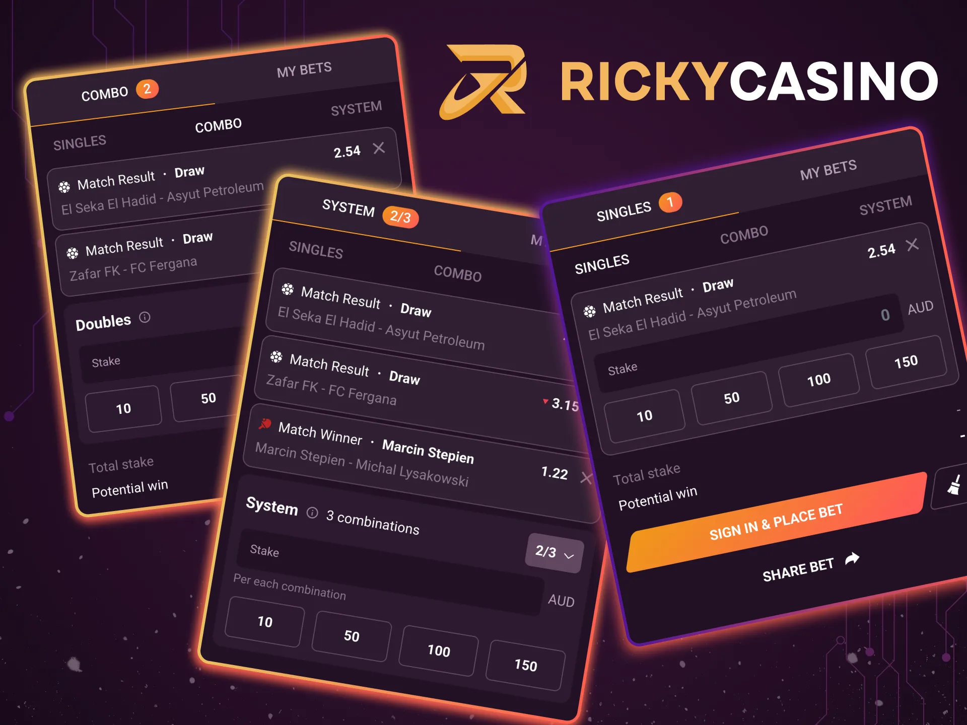 Bet types at Ricky Casino include singles, multis and risk‑managed system options.