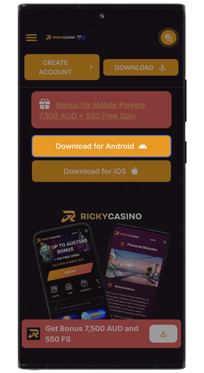 Use the menu on the Ricky Casino website to start downloading the app.