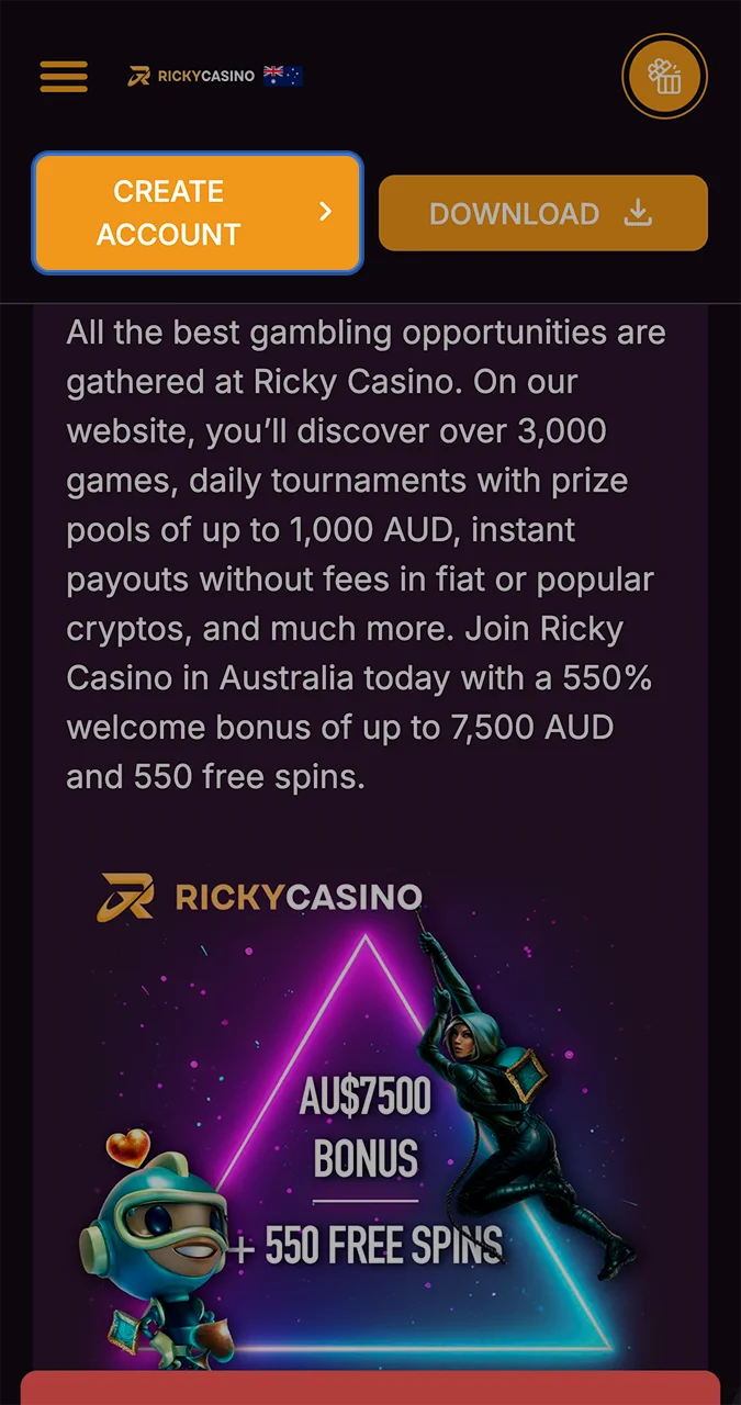 Select the button to launch the Ricky Casino official site.